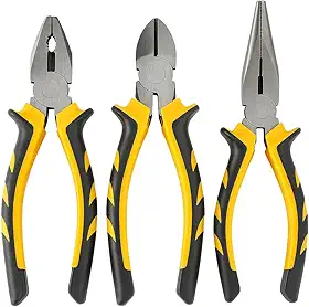 Kit com 3 Alicates Corte 6 polegadas Bico Meia Cana 6 polegadas e Universal 8 polegadas Profissional Cabo Emborrachado Amarelo e Preto Antiderrapante para Eletricista e Manutenção Premium