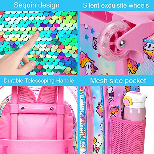 Gxtvo Rolling Backpack For Girls, Roller Wheels Kids Bookbag - Wheeled Suitcase Elementary Sequin School Bag - 3Pcs Unicorn #TOP5