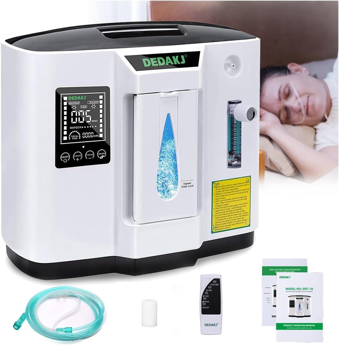 DEDAKJ Oxygen Machine, 1-7l / Min Oxygen Machine, Accumulated Time Adjustment for Home and Travel, Time Control/Wireless Remote Control（1A）