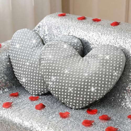 AceOrbit 2 Pcs Silver Heart Pillows Rhinestones with Sparkles Faux Crystal Pearls on Velvet Throw Pillow Glitter Heart Cushion for Wedding Decoration Bed Sofa Mom Birthday Gifts 13.8 x 11.8 Inch