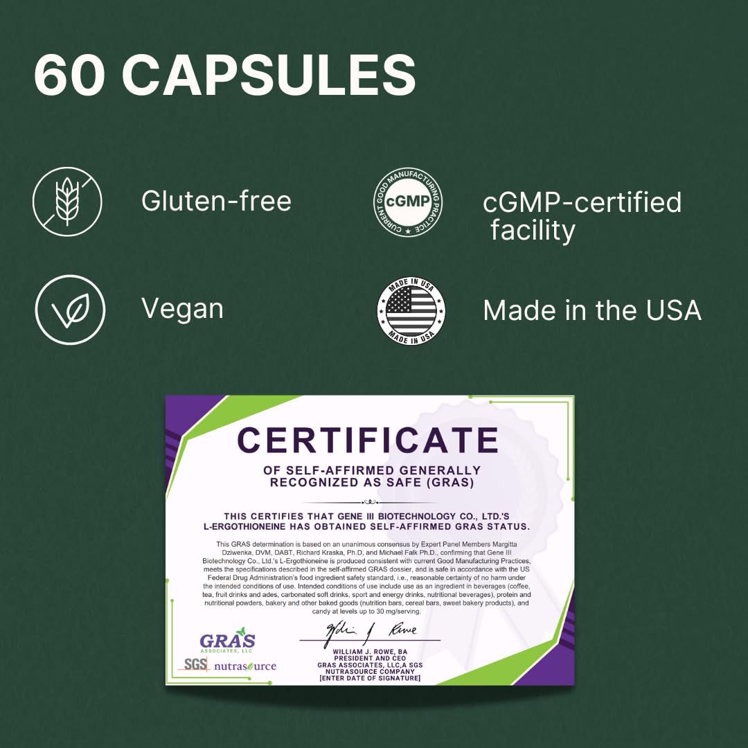 L-Ergothioneine Supplement 30mg - Fermentation-Based 99.99% Purity Antioxidant - Clinically Studied to Support Longevity, Restful Sleep & Healthy Aging - Vegan & Non-GMO - 60 Capsules — Amazon image 6