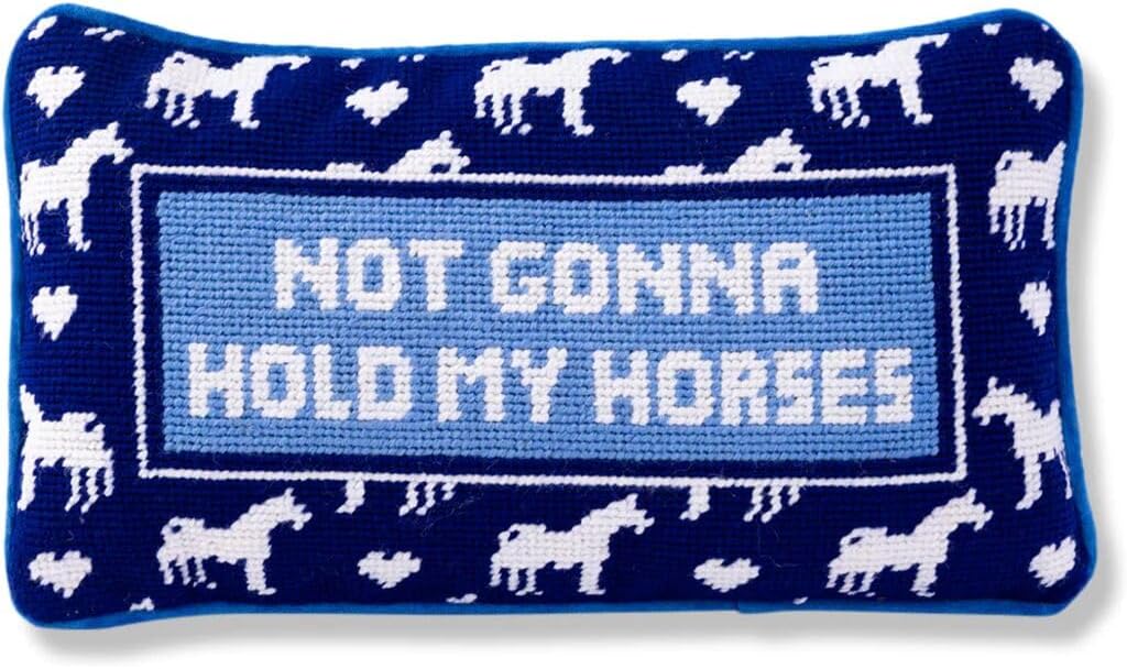 FURBISH Needlepoint Decorative Throw Pillow - Hold My Horses - 9" x 15" - Small Embroidered Accent Pillow for Bed, Chair, Couch, Sofa - Eclectic Home Decor