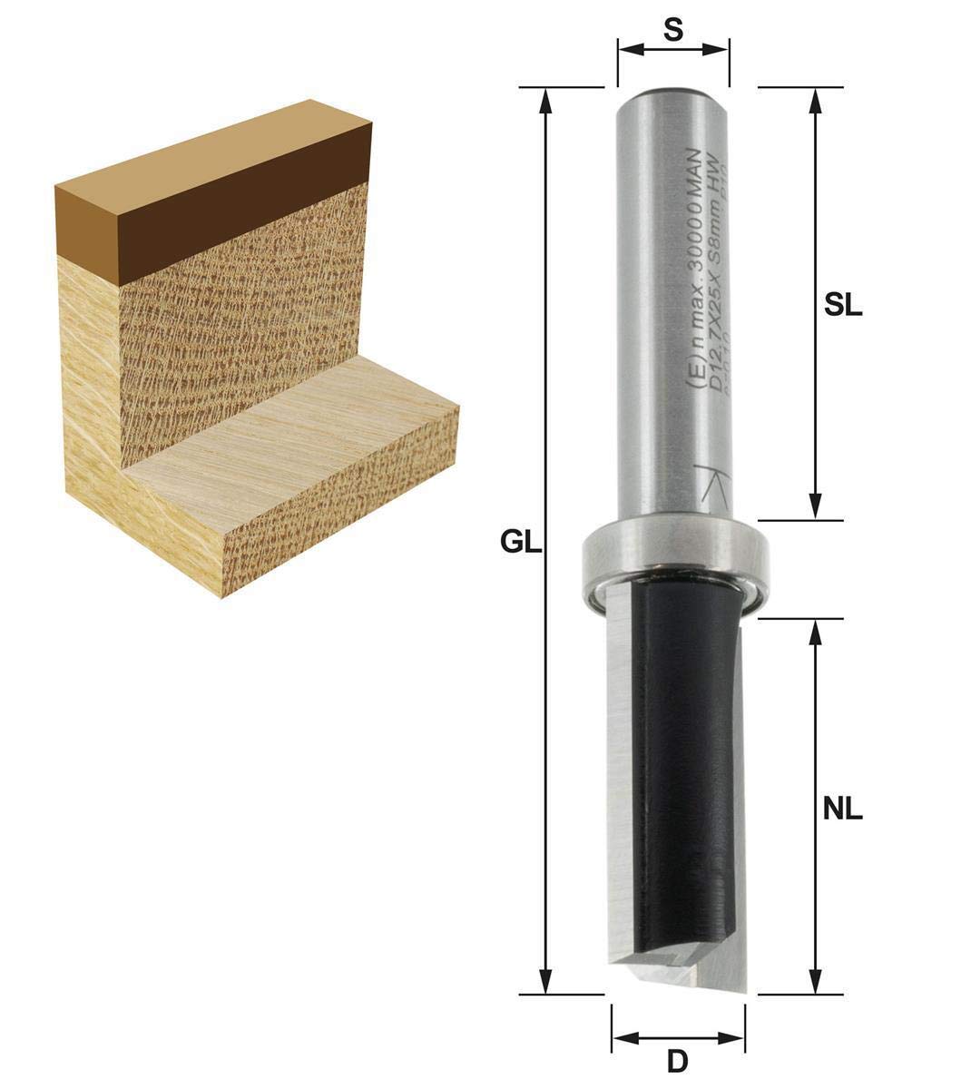 ENT 11652 Afkantfrees, Hardmetaal, Schachtdoormeter (S) 8 mm, Freesdoormeter (D) 12 mm, NL 25 mm, SL 32 mm, GL 68 mm, met kogellager op de schacht