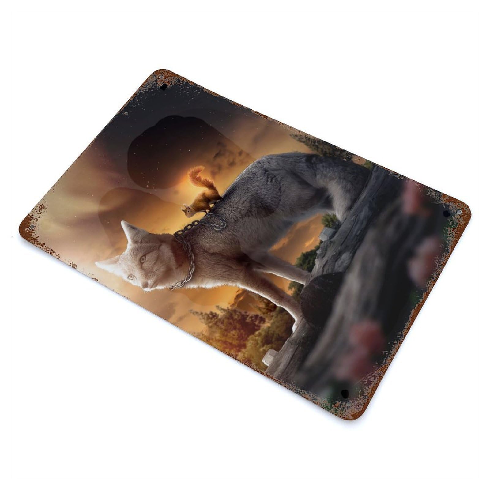 Weathered Tin Sign The Fox And The Squirrel 11.8"x7.9", Rustic Home Decor for Basement, Hobby Room And Garage Decor