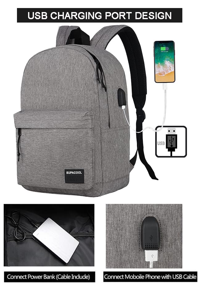 Image of SUPACOOL Casual Laptop Backpack for Men and Women, Backpack for College, USB Charging Port, Lightweight Pack Back(Light grey)