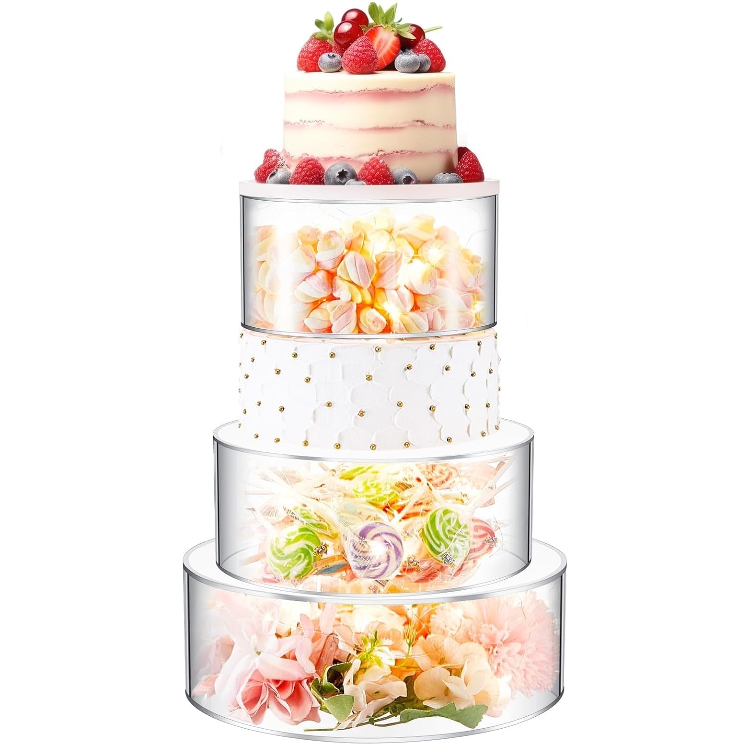NZWBSHSSP 3 Pcs Acrylic Cake Stand with LED Lights 6'', 8'', 10'' Clear Fillable Cake Riser Round 3 Tier Case Cylinder Box for Wedding Birthday Holiday Party Food Display