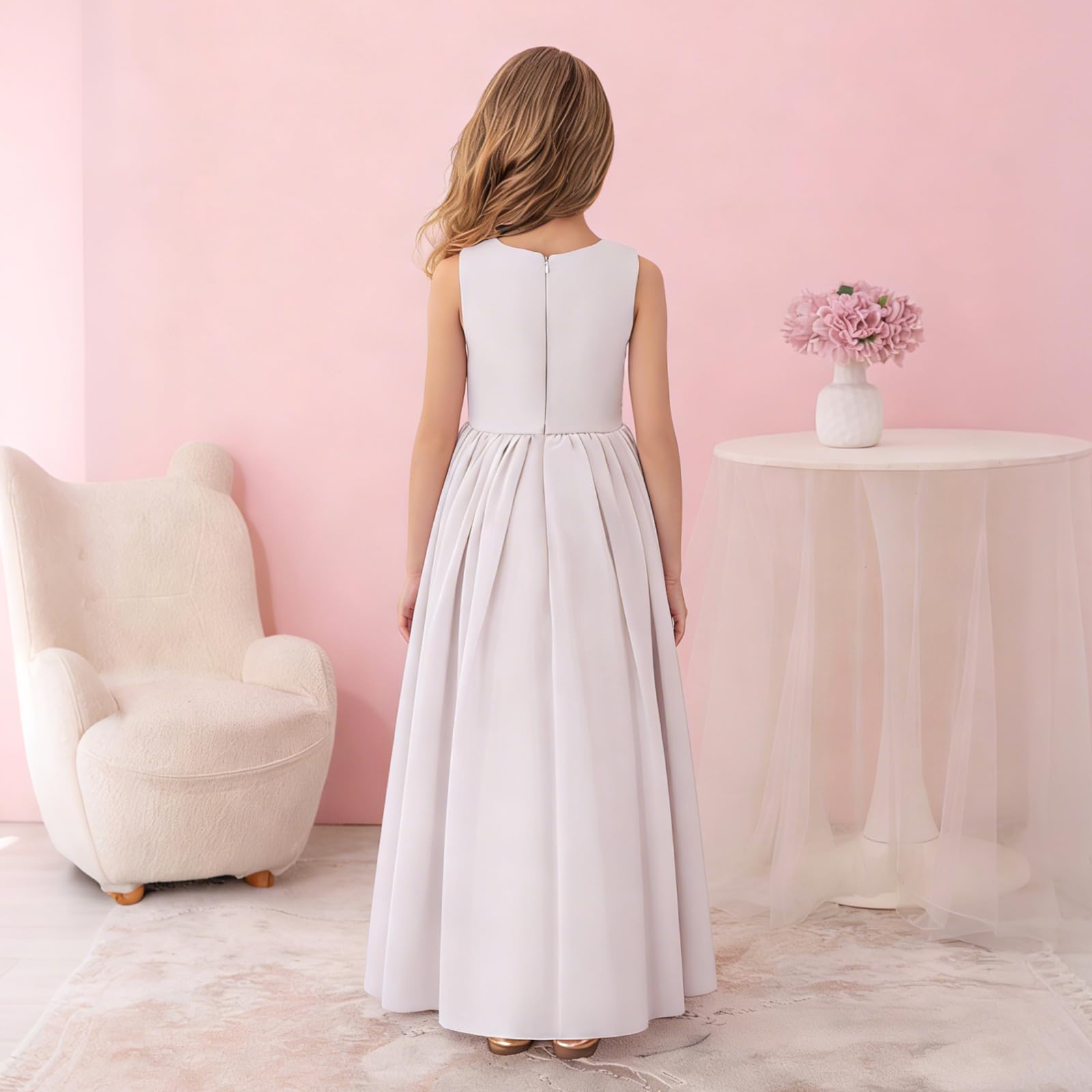 Vestido largo de gasa para niños, estilo bohemio, sin mangas, vintage, elegante, líneas A, vestidos de comunión, bodas, damas de honor, princesa, vestido de tul para niñas, 8-14 años.