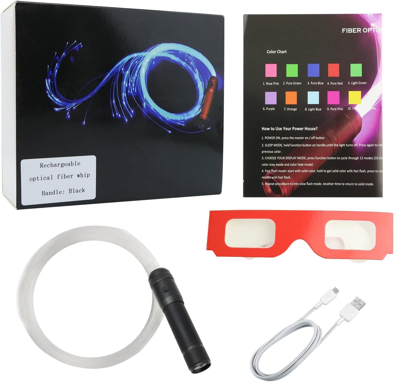 LED fibre optique whip, rotation à 360 ° 36 modes effet whip rave jouet parfait pour les fêtes de carnaval et spectacles de lumière, parfait pour whip Stream show Event Festival Club (noir)