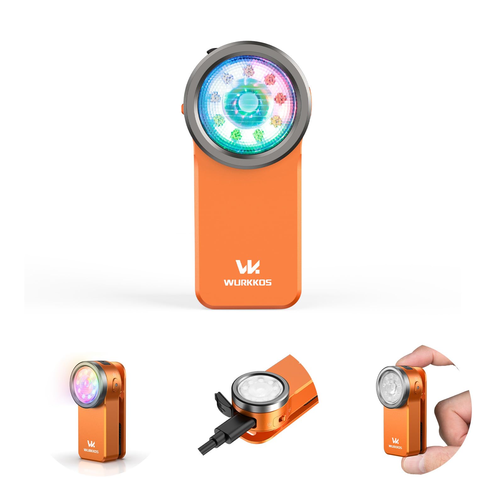 Wurkkos HD03 Mini Torcia Compatta a Clip, 680 Lumen Torcia Led Ricaricabile, 3 Modalità di illuminazione spot, flood e RGB,IPX6 Impermeabile per Campeggio Escursionismo e Alpinismo - Orange