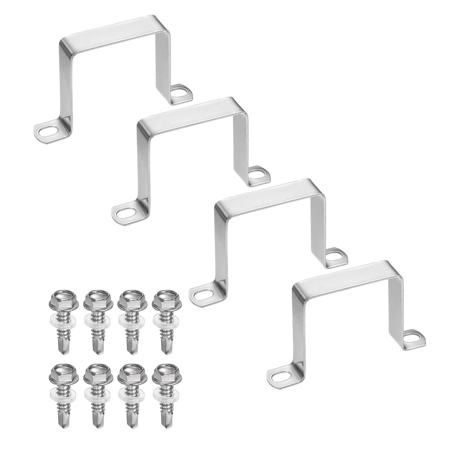 sourcing map 4set U Shaped Connector Bracket 60x60mm 304 Stainless Steel Square Pipe Clamp with Self Tapping Screw Square Tube Buckle for Pipe Hose Cable Automotive Parts, Silver