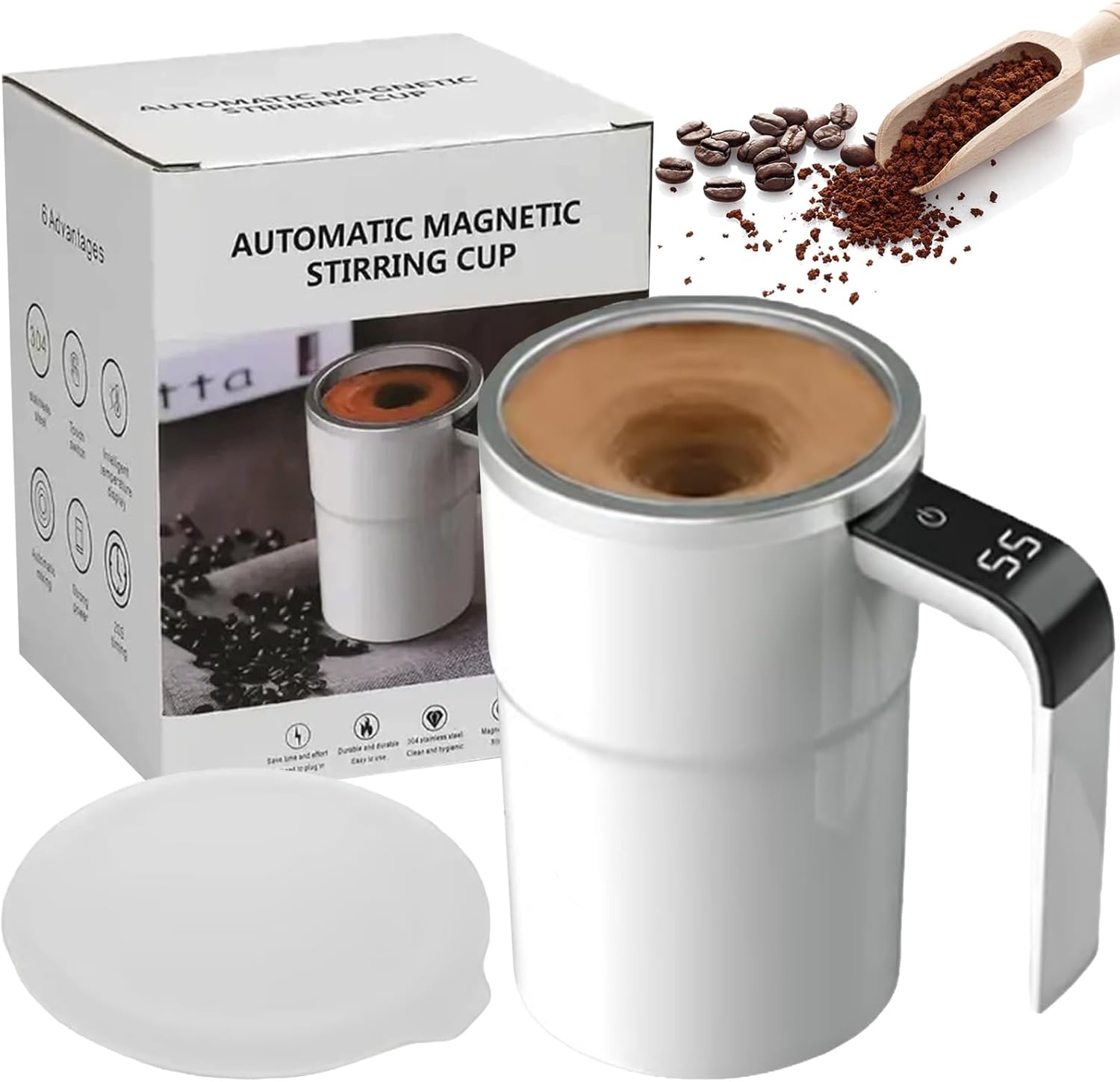 2026 Upgraded Electric Coffee Mug, 14oz Electric High Speed Self Stirring Insulated Coffee Mug with a Built-in LCD Thermometer & Lid, for Brewing Coffee, Milk, Cocoa and Other Beverages (White)