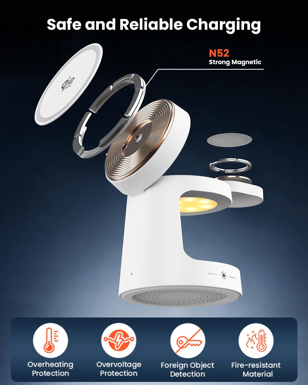 GEEKERA Qi2.2 25W Stazione di Ricarica 3 in 1 con Luci Notturne, Caricabatterie Rapido Pieghevole Magnetico per iPhone Air/17/16/15-12, Apple Watch 2-11, Incluso Adattatore GaN da 45W, Avorio