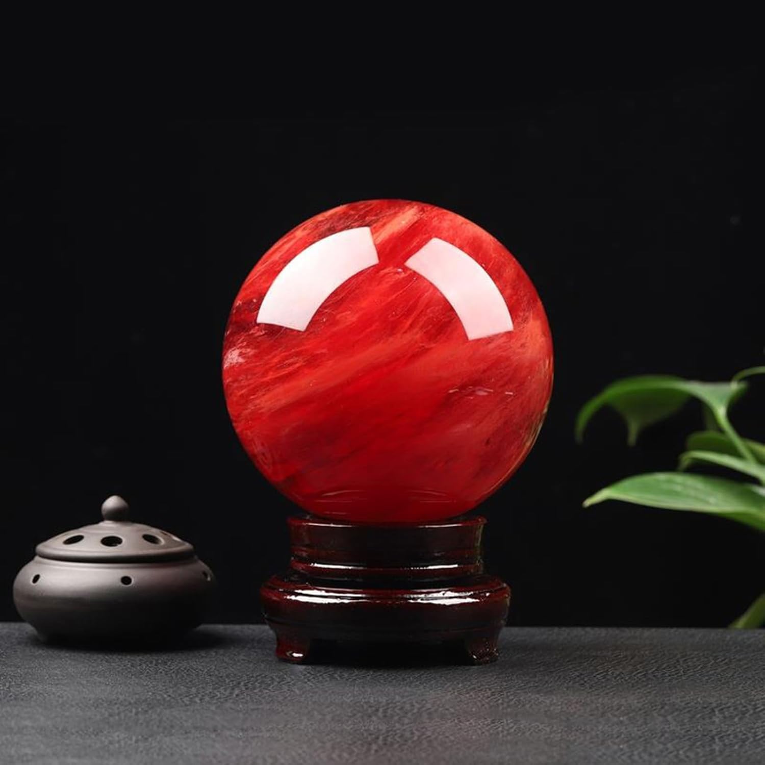 Polished Smelting Red Crystal Ball Crystal Decor Sphere with Wood Stand, Home Crystal Figurines Ornaments for, Witchcraft,Table Top Decorations,21cm/8.3in