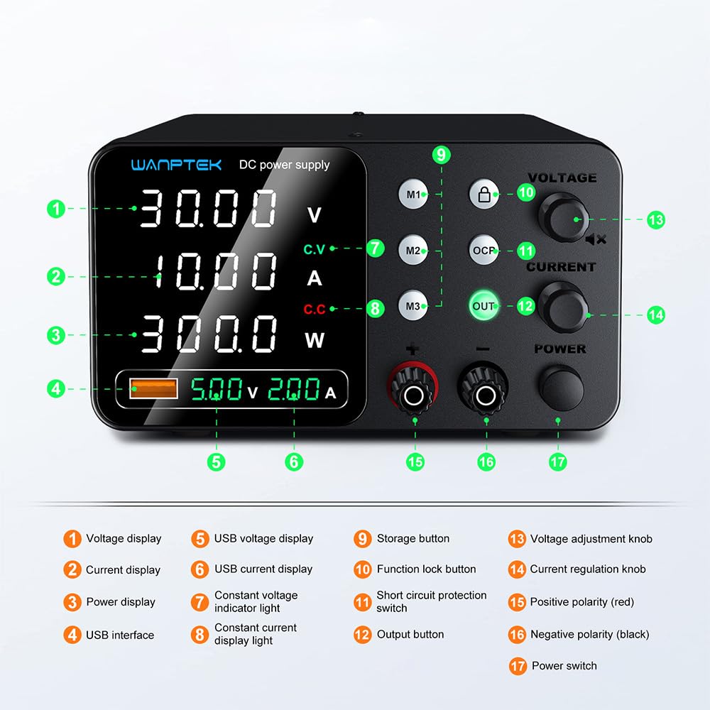 Fuente Alimentacion Regulable, Fuente Laboratorio 30V 10A Ajustable con 3 Memorias y Llave de Bloqueo, Protección OCP/Salidas/Carga Rápida USB con Pantalla