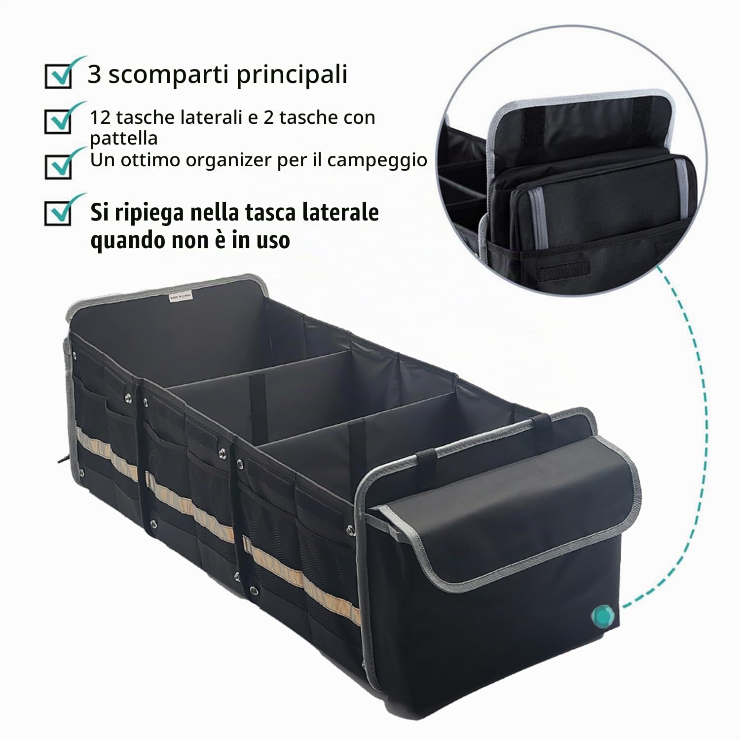 Organizer Bagagliaio Auto,Organizer Per Bagagliaio,Organizer Baule Auto Pieghevole Con Cinque Scomparti,Cinghie Di Sicurezza Regolabili,Coperchio Rimovibile,Fondo Antiscivolo(Nero,Extra Grande)