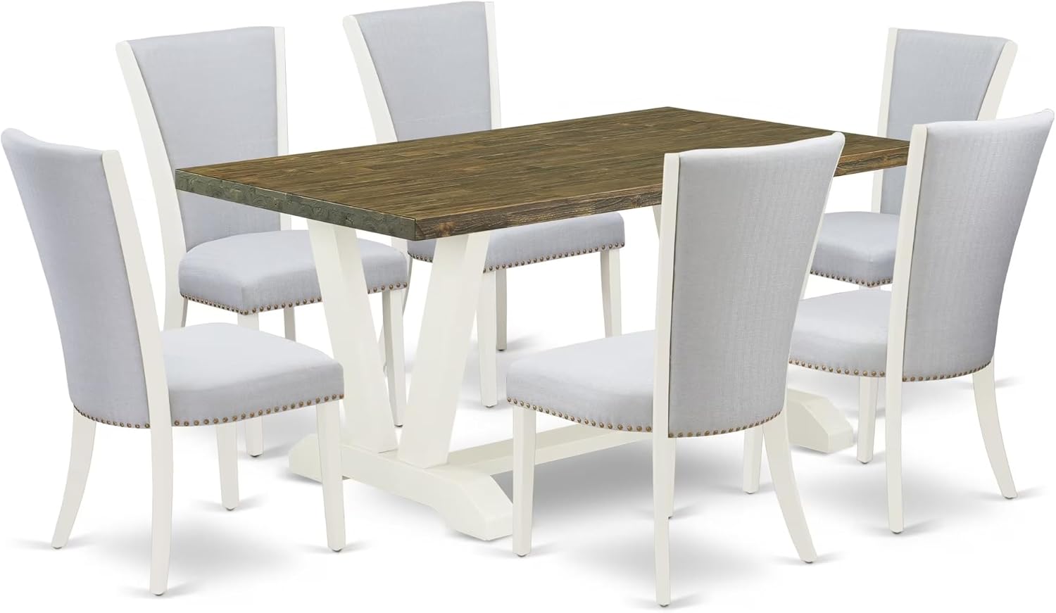 East West Furniture V076VE005-7 7 Piece Dining Table Set Consist of a Rectangle Dining Room Table with V-Legs and 6 Grey Linen Fabric Upholstered Parson Chairs, 36x60 Inch, Multi-Color