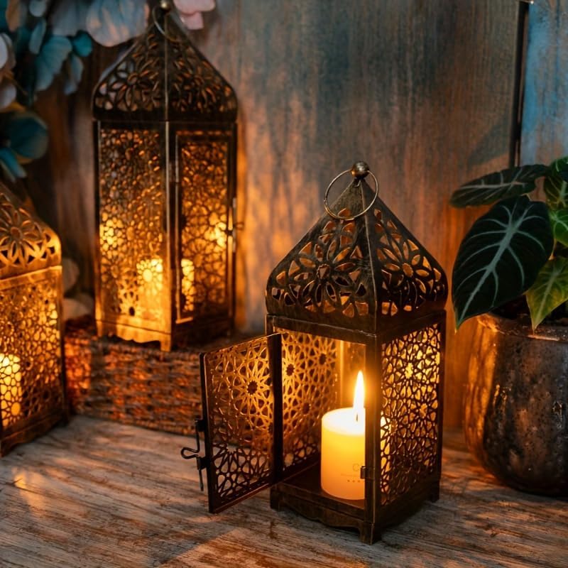 2 Pack Moroccan Lantern Lamp Decorative Candle Holders for Ramadan Decorations, Hanging, Outdoor Patio or Porch, Indoor Home Decor（Bronze）