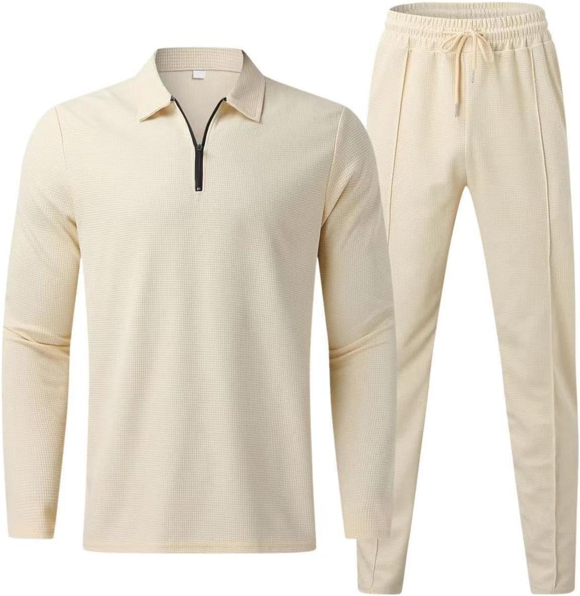 Tooluck Spring Autumn Waffle Long Sleeve Pants Sport Casual Set Khaki