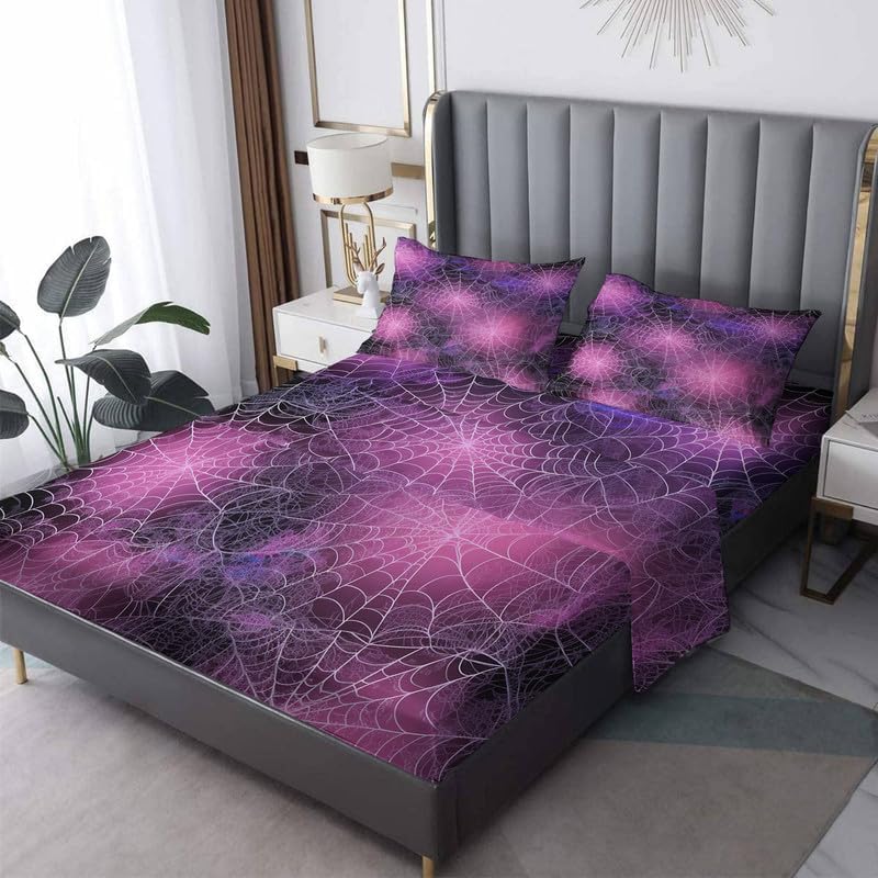 Juego de sábanas de tela de araña tamaño Queen, sábanas de microfibra suave y bolsillo profundo, sábanas y fundas de almohada estampadas sin