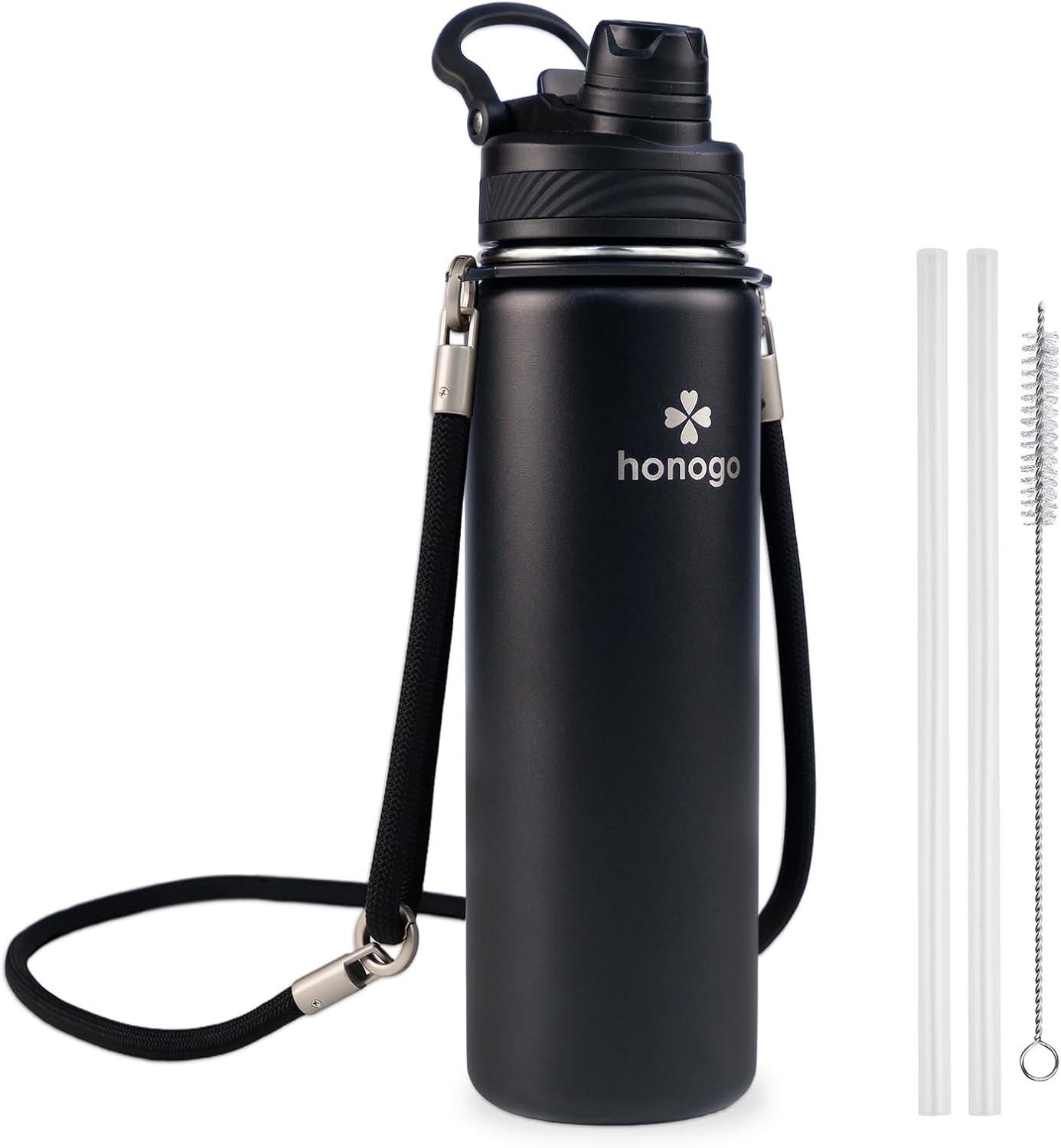 24 oz Insulated Water Bottle with Shoulder Strap, Stainless Steel Tumbler with 2-in-1 Straw & Spout Lid, Fashion Water Flask for Women & Girls. Keep Cold 24H / Hot 12H, BPA Free (Matt Black, 24 oz)