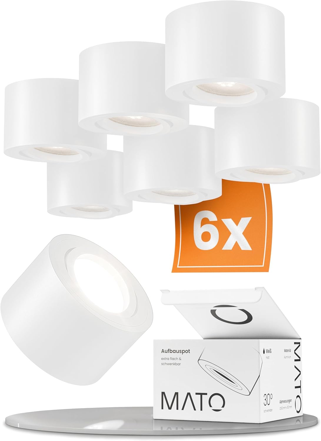MATO 6x LED Aufbauspot weiß - extra flach & schwenkbar - Ø80x50mm - Aufputz Spots Decke 