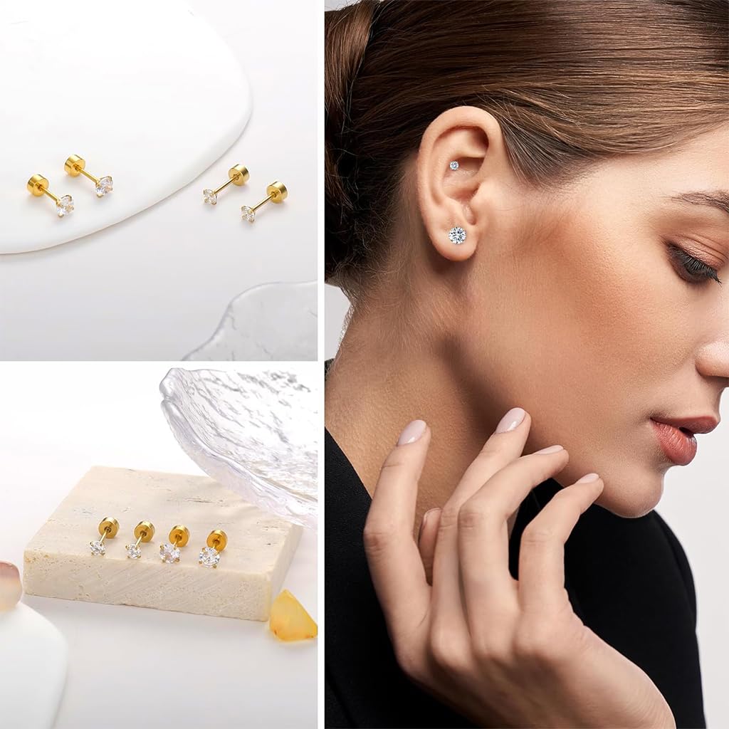 SANNIDHI® 5 Pairs Ear Studs for Women Stylish Earrings for Women Flat Back Gold Cartilage Stud Earrings Set Cubic Zirconia 316L Stainless Steel Hypoallergenic Nickel-Free Earring - 3/4/5/6/8mm 3