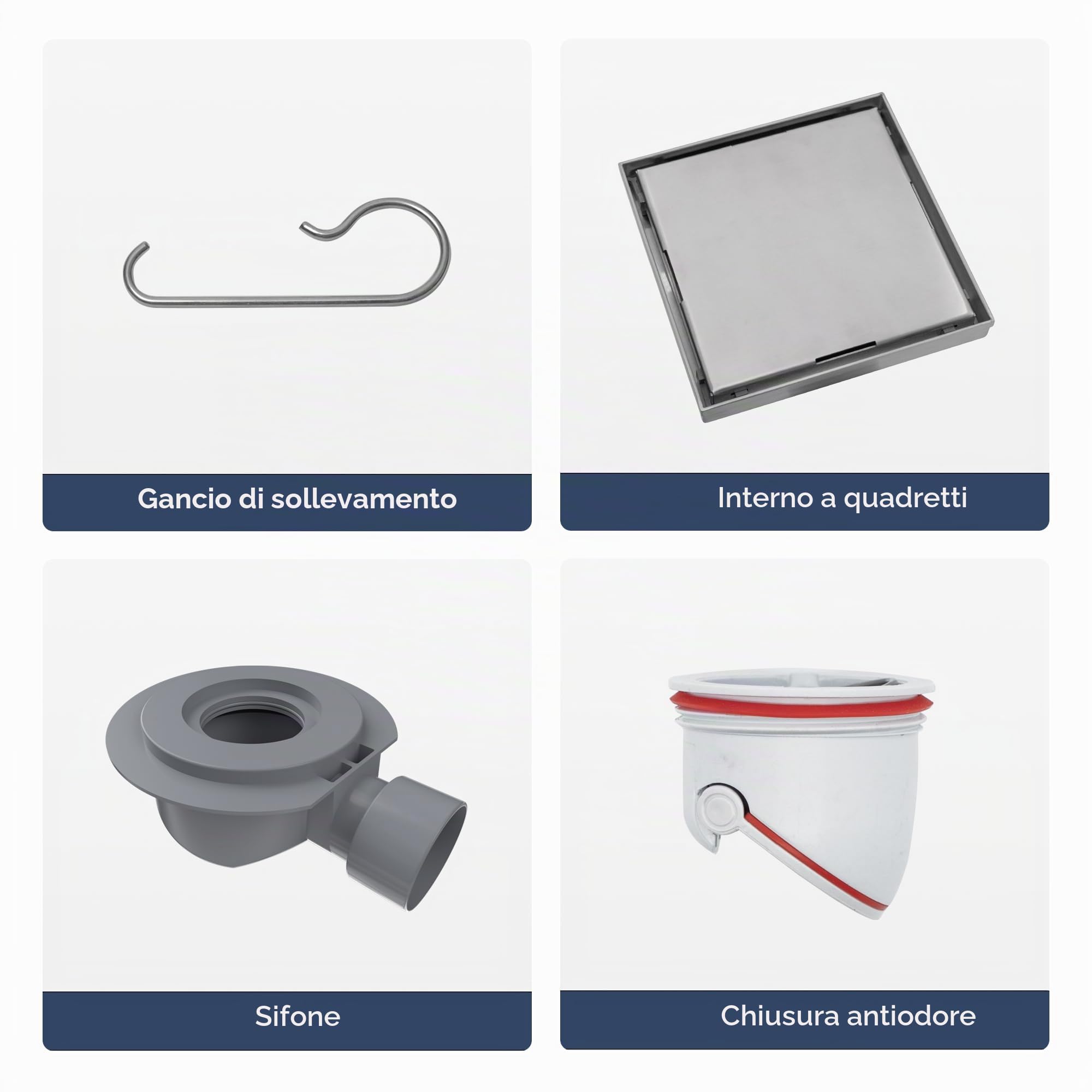 VANCOCO Scarico Doccia a Pavimento Quadrato 15×15 cm 2-in-1 Invisibile in Acciaio Inox, Sifone Orientabile 360°, Valvola Antiodori, Filtro per Capelli