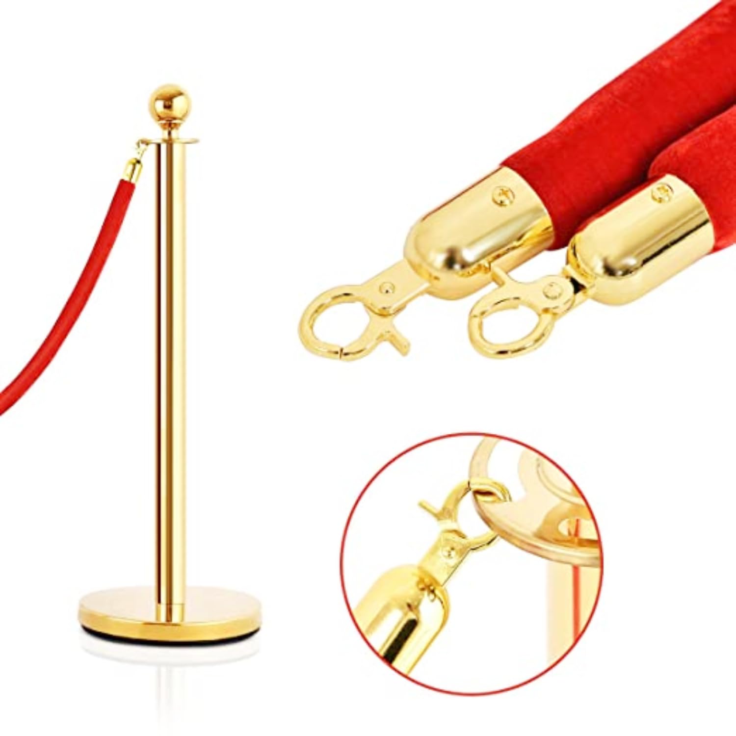 Lot de 4 Poteau de Guidage barrière Barrière de Queue pour Contrôle de Foule, Séparation de Guidage avec 3 Corde en Velour Rouge, Injection de Sable Base Creuse (Or)