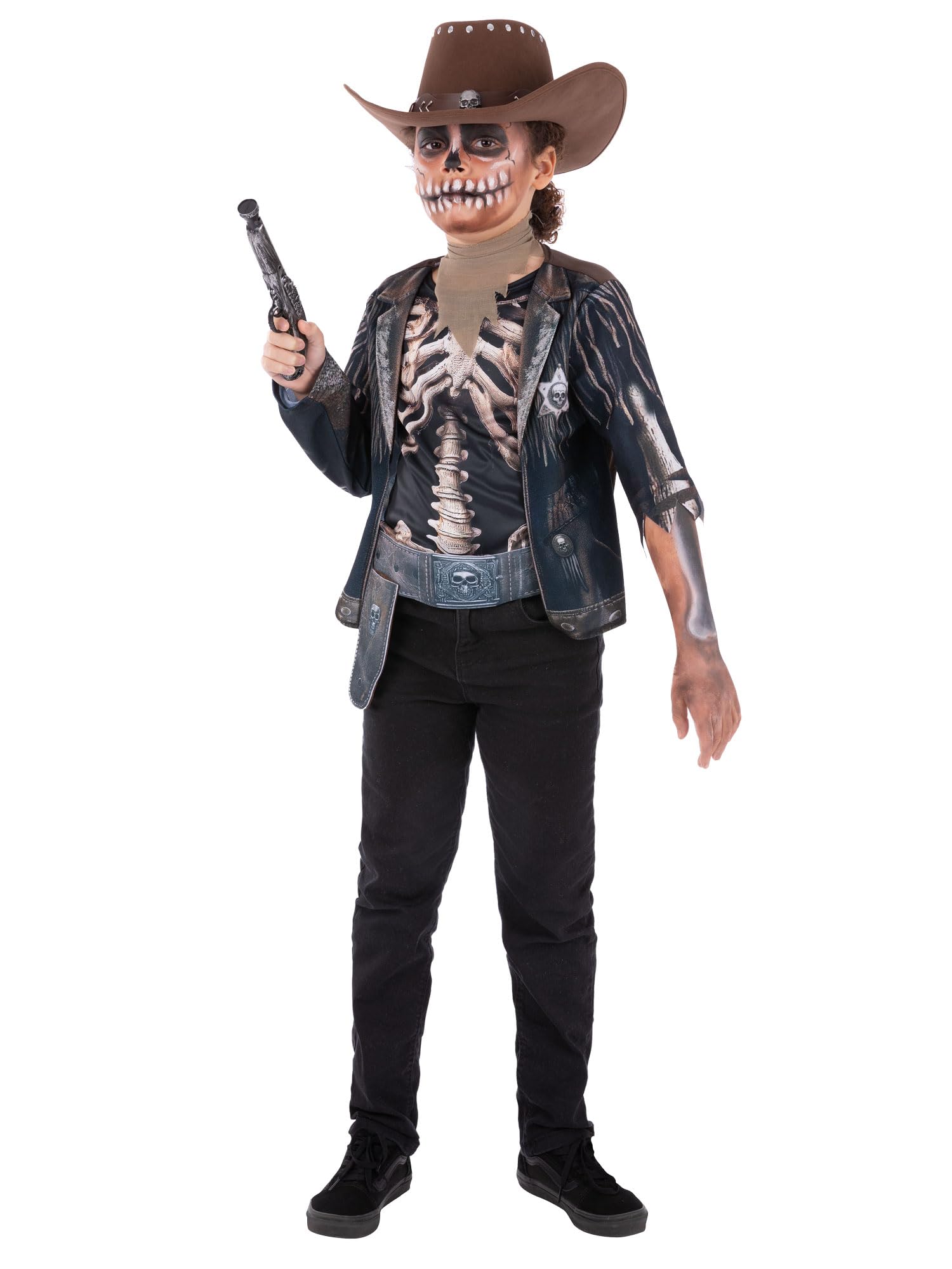 Smiffys Skeleton Cowboy Costume for Kids, Spooky Western Halloween Outfit with Skeleton Print Top, Neckerchief and Holster Belt, Wild West Fancy Dress for Boys Age 10-12
