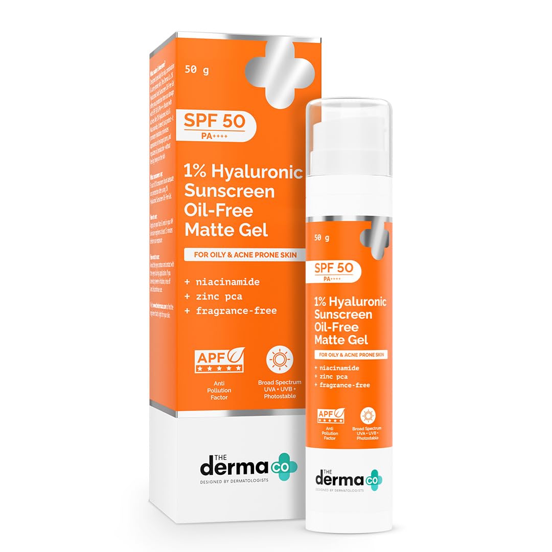 The Derma Co1% Hyaluronic Sunscreen Oil-Free Gel SPF 50 PA++++ | Lightweight Texture | Non-Greasy | UVA/UVB, Broad Spectrum Protection & Blue Light Protection | For Men & Women | 50 g