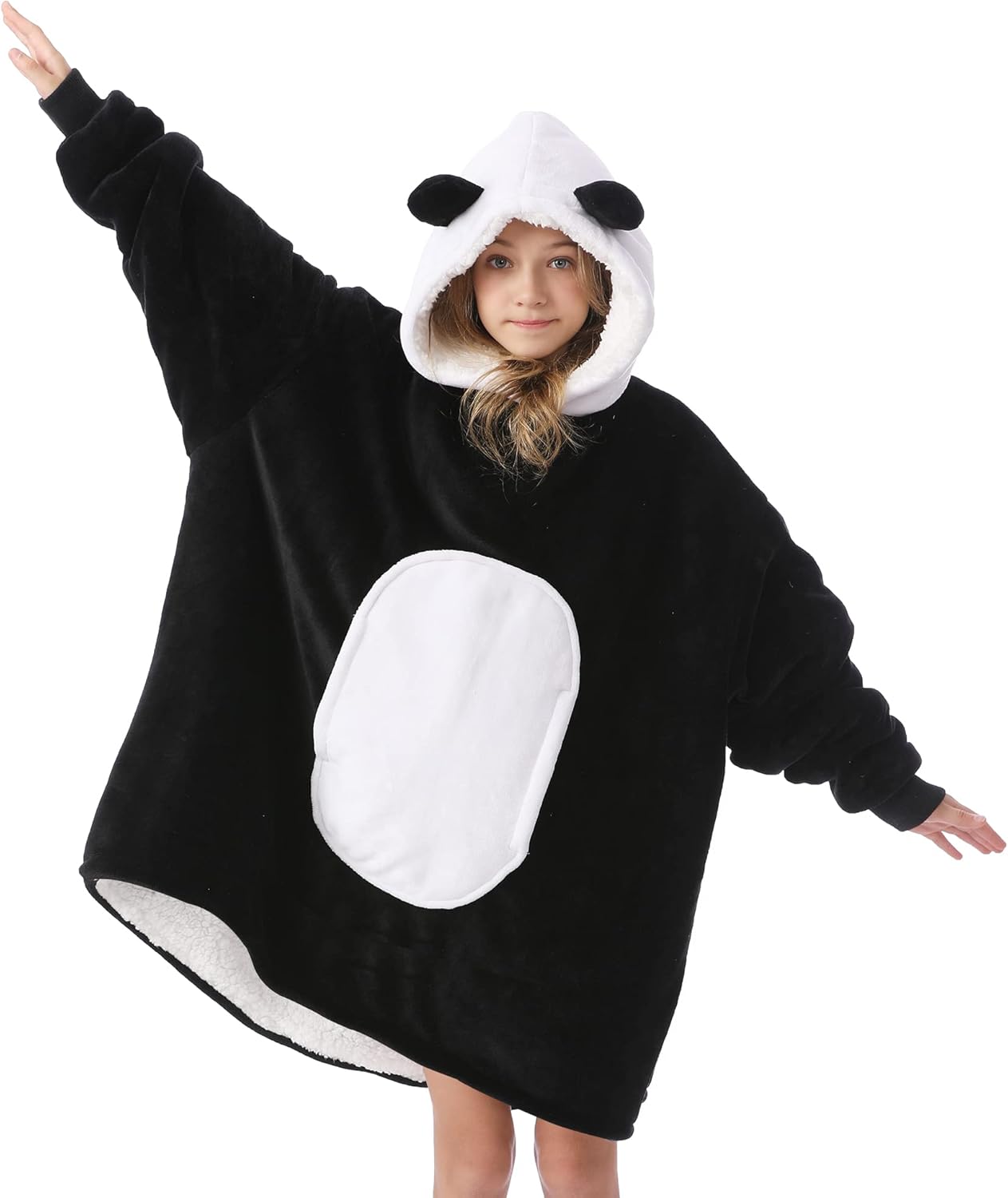 Kipswiza Panda Blanket Hoodie for Kids 6-13 Birthday Gifts, Soft Cozy Sherpa Oversized Wearable Blankets Big Hooded Sweatshirt with Ears & Pockets for Girls Boys (Black & White) - Image 6