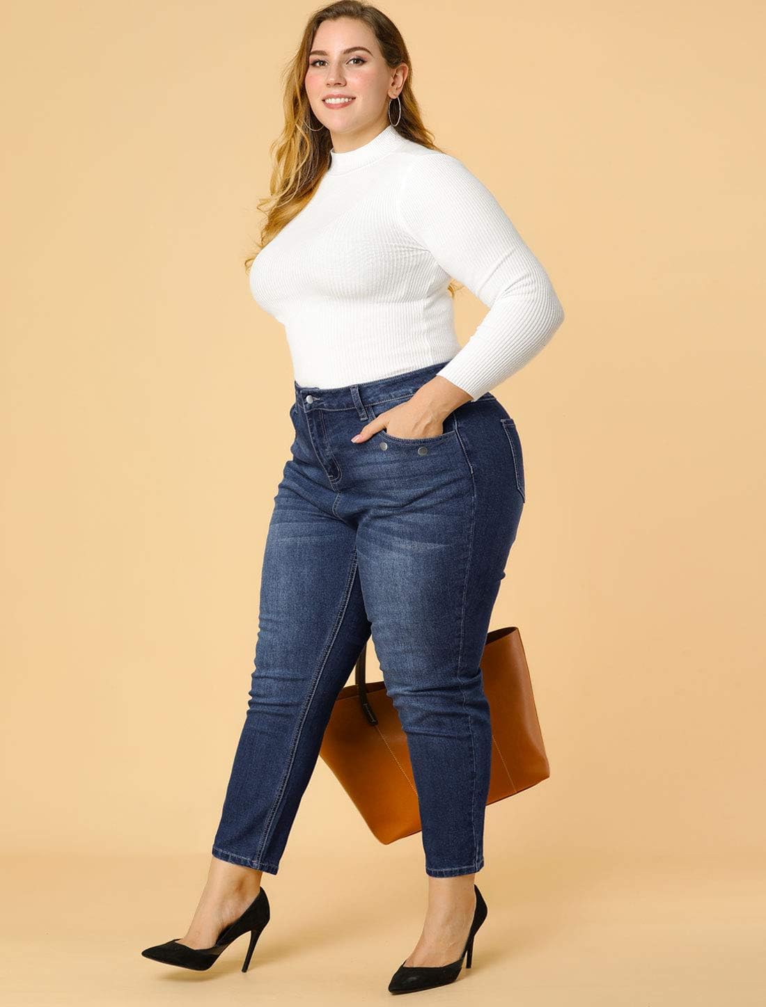 Agnes Orinda Women's Plus Size Denim Jeans Mid Rise Stretch Washed Skinny Casual Pants - Image 3