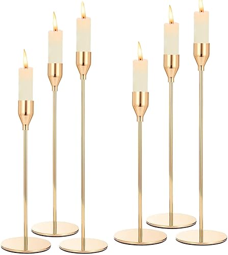 Juego de 6 portavelas dorados, portavelas de metal alto para velas cónicas, portavelas largos decorativos para bodas, cenas, fiestas, aniversarios