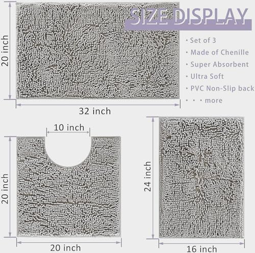 RUN HELIX Ultra Soft Chenille Bath Mat Non Slip, Bath Mat Set 3 Piece, Shaggy Bathroom Mats - Image 2