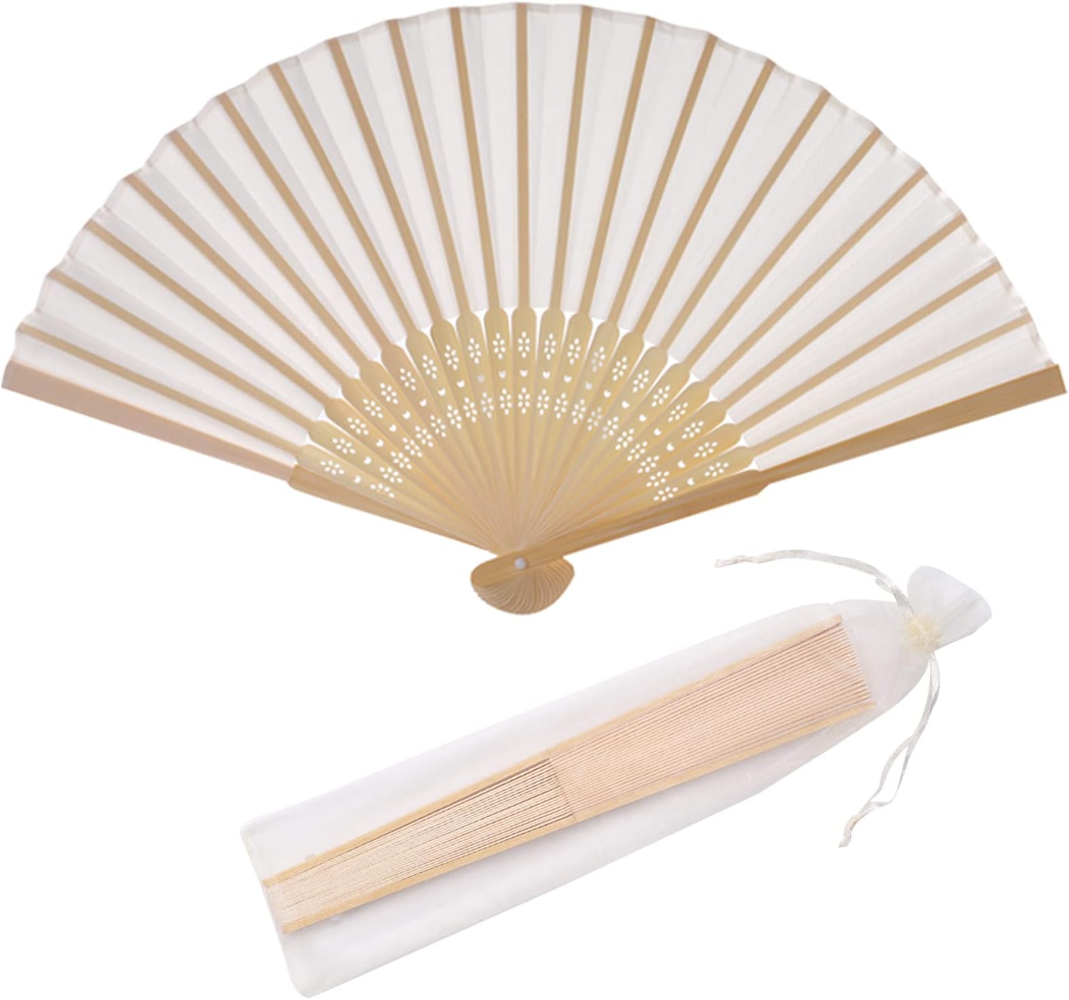 24pcs Imitated Silk Hand Fan Imitated Silk Fabric Bamboo Handheld Folded Fan Bridal Dancing Props Church Wedding Party Favors with Gift Bags (Cream)