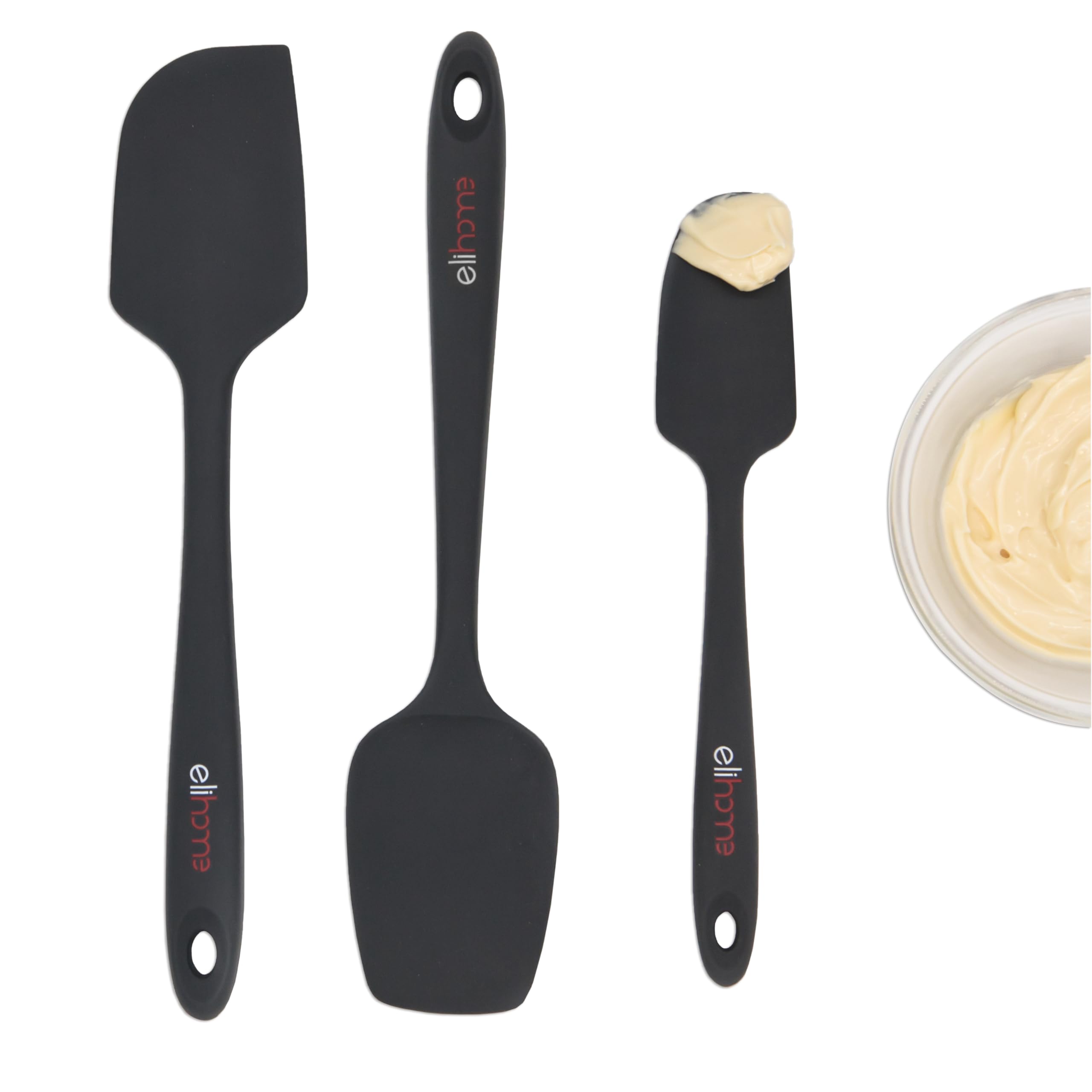 Elihome Chef Series - Juego de espátulas de silicona de 3 piezas, resistentes al calor, antiadherentes, espátulas para cocinar, hornear, mezclar, sin BPA y silicona certificada LFGB (negro)