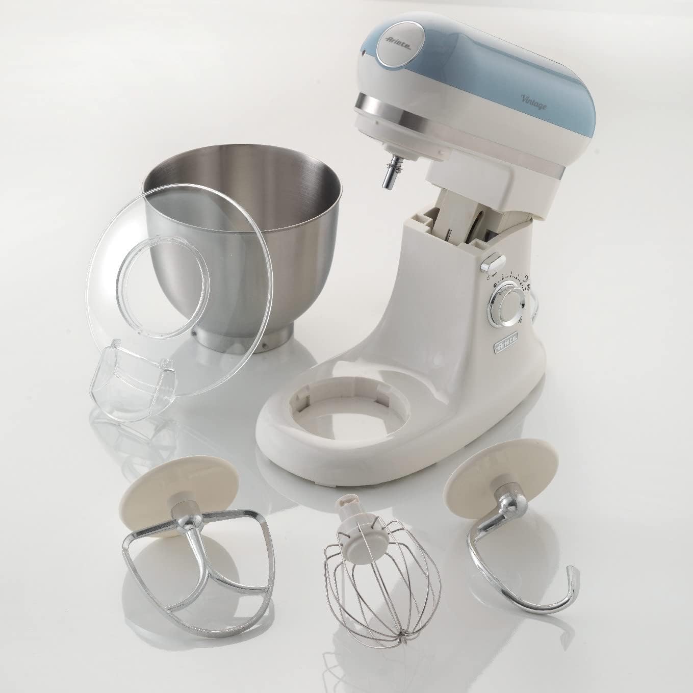 Ariete Vintage 1588 Knetmaschine, Retro Planeten-Rührwerk für Brot-, Pizza-, Kuchen- & Gebäck-Teig, Knethaken, Schneebesen, 5,5 L Fassungsvermögen, 7 Geschwindigkeiten + Pulse-Funktion, 1200W, Blau