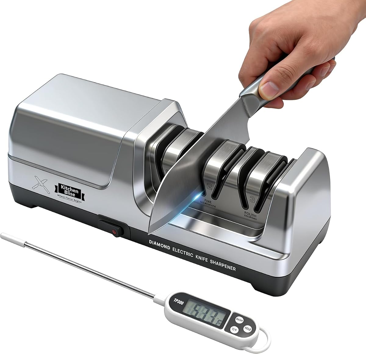 KITCHEN BLISS 3-Stage Electric Knife Sharpener with 20° Angle & Thermometer