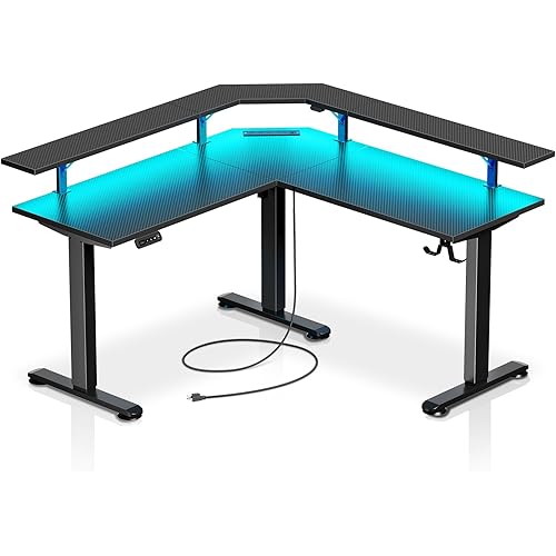 Rolanstar Standing Desk L Shaped with LED Light and Power Outlet, Electric Height Adjustable Desk with Monitor Stand, Carbon Fiber