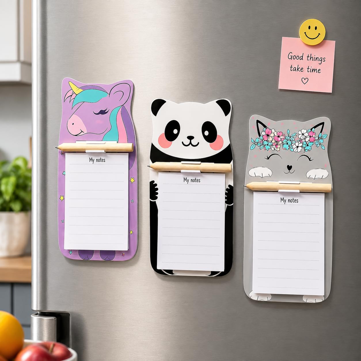 AccuPrints 3 Pack Fridge Magnetic Memo Pad with Pencils Inserted for Notes | Cute Animal Shaped Memo Pad for Kitchen Refrigerator Office Metal Cabinet