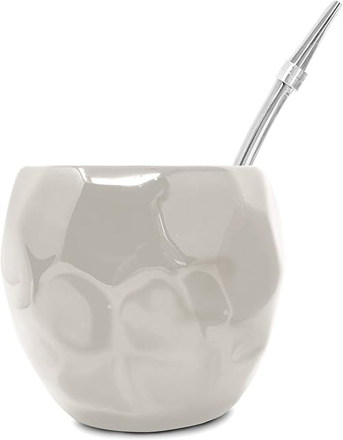 Novomates Unique Polyhedron Yerba Mate Cup and Bombilla Set - Double Walled Ceramic Yerba Mate Gourd and Mate Straw - Yerba Mate Tea Cup - Easy to Clean Mate Set - Bombilla Cup - 6.1oz(180ml) - White