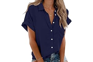 Women's Short Sleeve V Neck Casual Button Down Shirts with Pockets