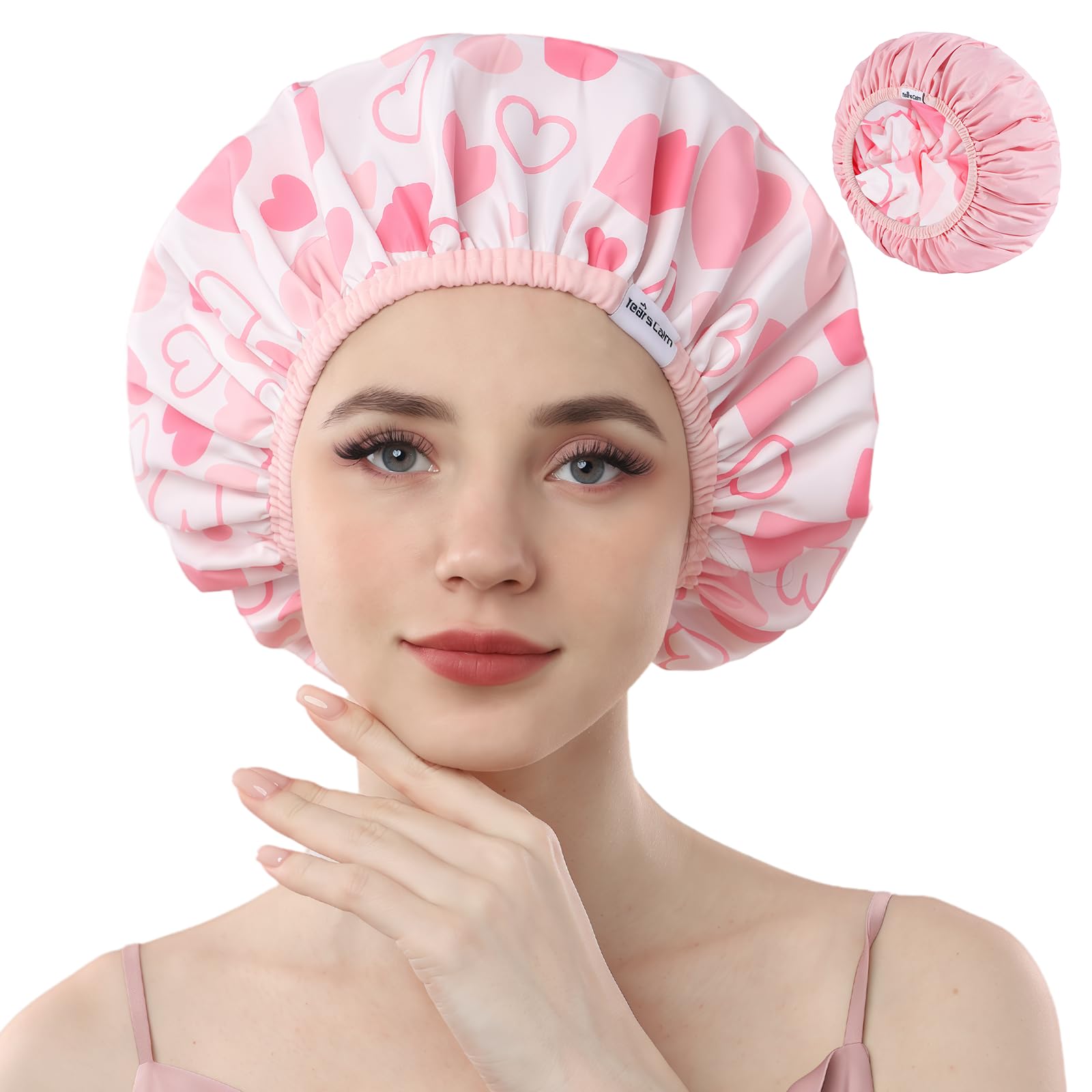 Years Calm Shower Caps For Women Reusable Waterproof,Pattern And Solid Color Dual-Layer Design For Dual-Layer Usable,Protects Hair In Shower