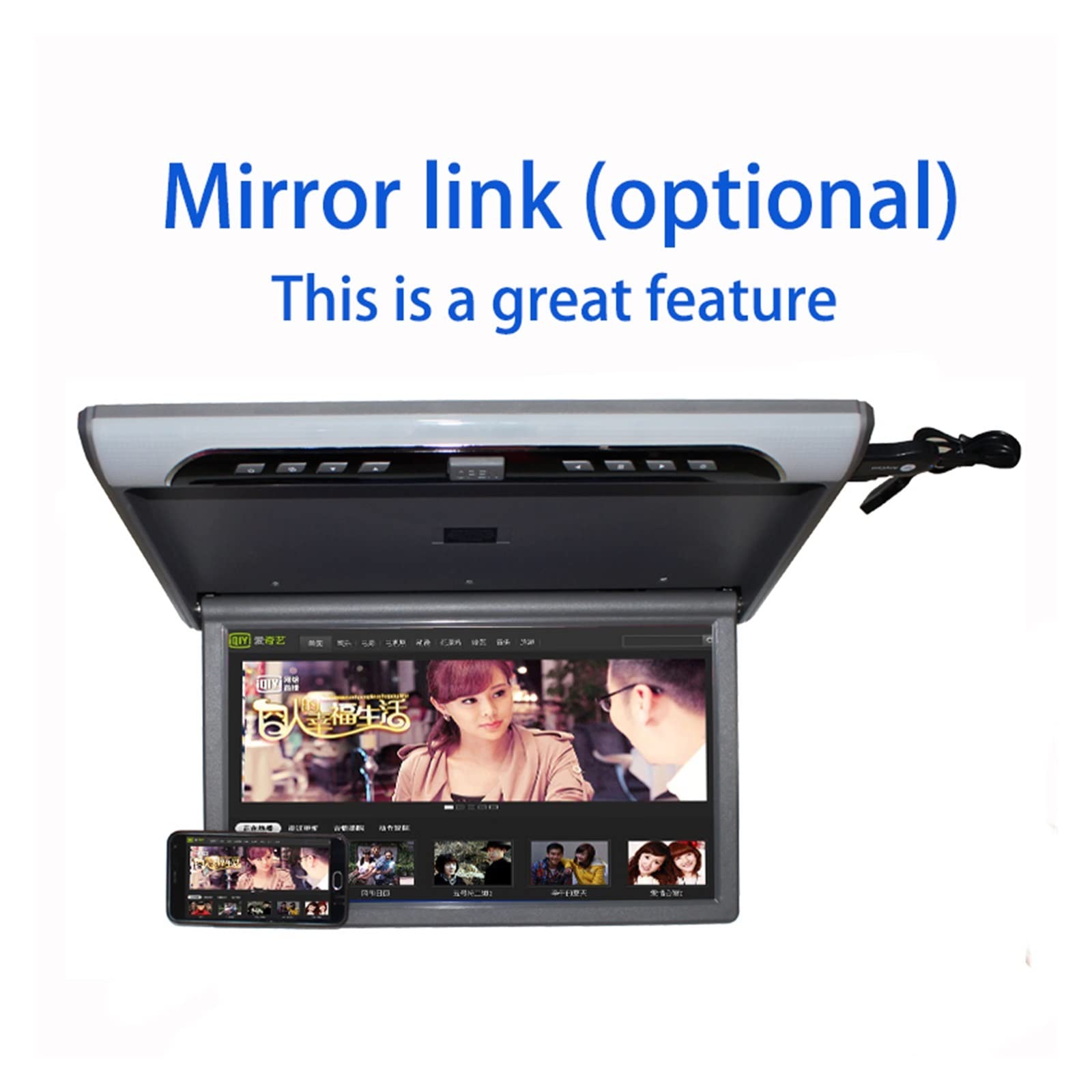 19 Cal samochodowy odtwarzacz wideo HD ekran LCD 1080P Monitor samochodowy wyświetlacz do montażu na dachu MP5 Auto telewizor sufitowy USB FM głośnik Link(19 inch Grey)