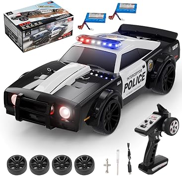GoolRC RC Drift Car, 116 Scale Remote Control Car, 35KPH 4WD High Speed RC Cars with LED Lights, Extra Drifting Tires, Fast Racing Police Vehicle Model for Adults 2 Batteries
