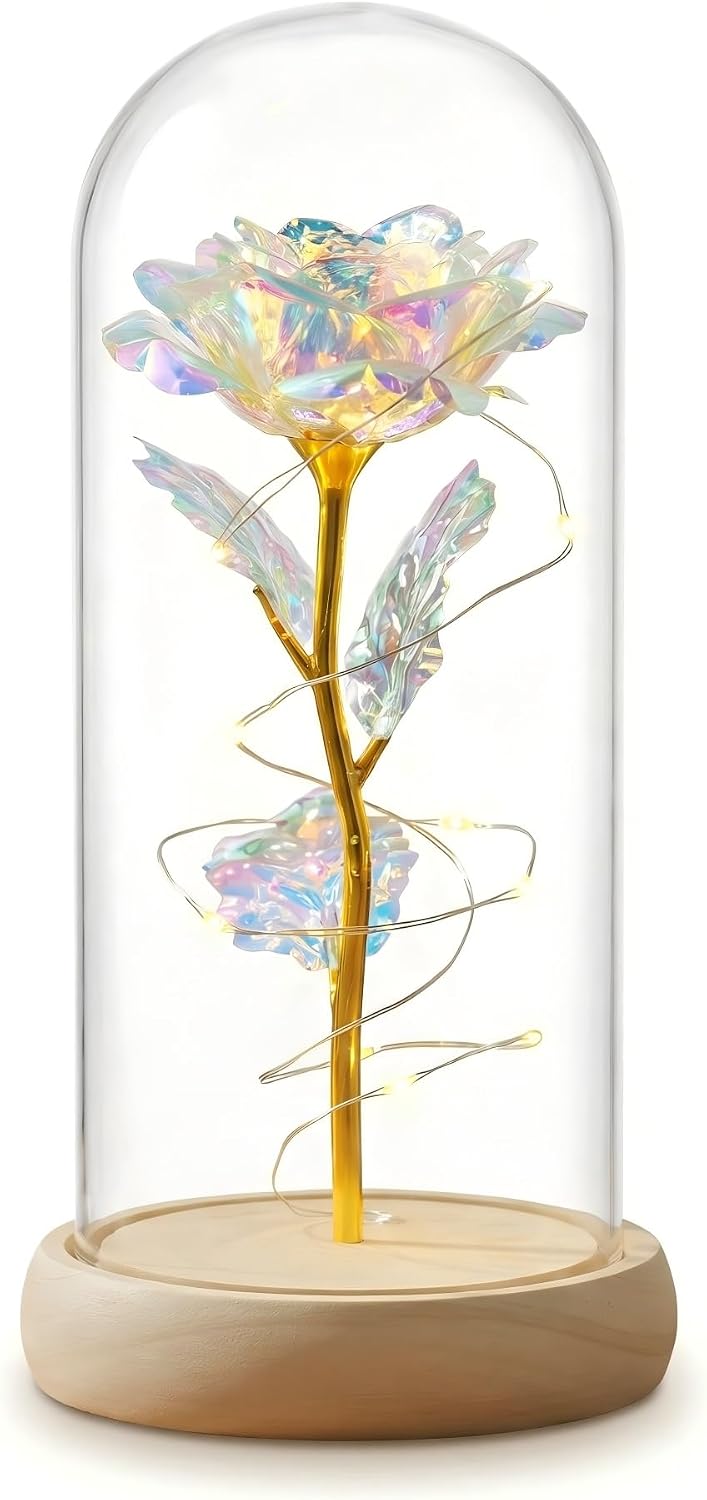 Preserved Fresh Flower in Glass Dome with LED Lights, Gold Stem Rose with Wooden Base, Romantic Home Decor Gift for Valentine's Day (A red Rose as a Gift for mom or a Lover)