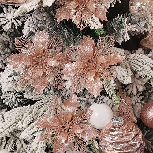 Wironlst 16 Pcs Glitter Poinsettia Flowers Artificial - Christmas Rose Gold Poinsettia Decorations Tree Flowers Ornaments For Xmas/Holiday/Seasonal/Wedding Decor #TOP4