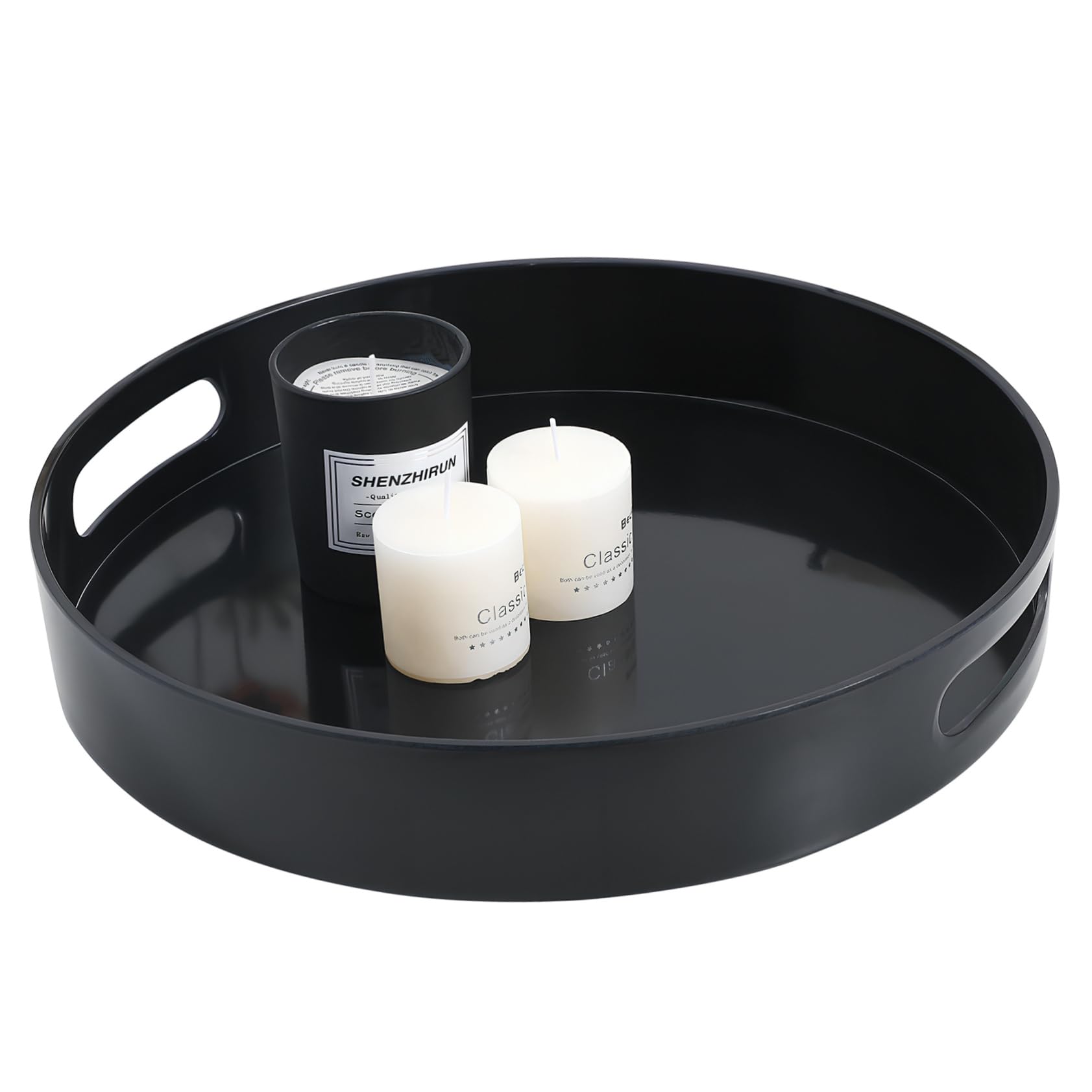Bandeja Redonda Decorativa Mediana Negra con Asas de Plástico | Exhibir Objetos, Diseño Simple y Elegante, Fácil de Transportar, Uso Versátil en Hogar