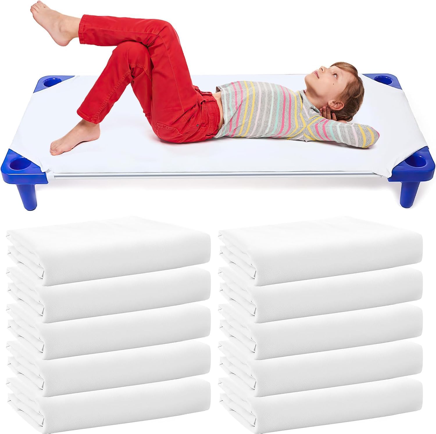 Lot de 10 Draps-Housses pour Lit de Camp pour Crèche, Taille Standard 23" x 51", Drap Respirant pour la Sieste à la Maternelle avec Élastiques aux Coins, Polyester, Blanc