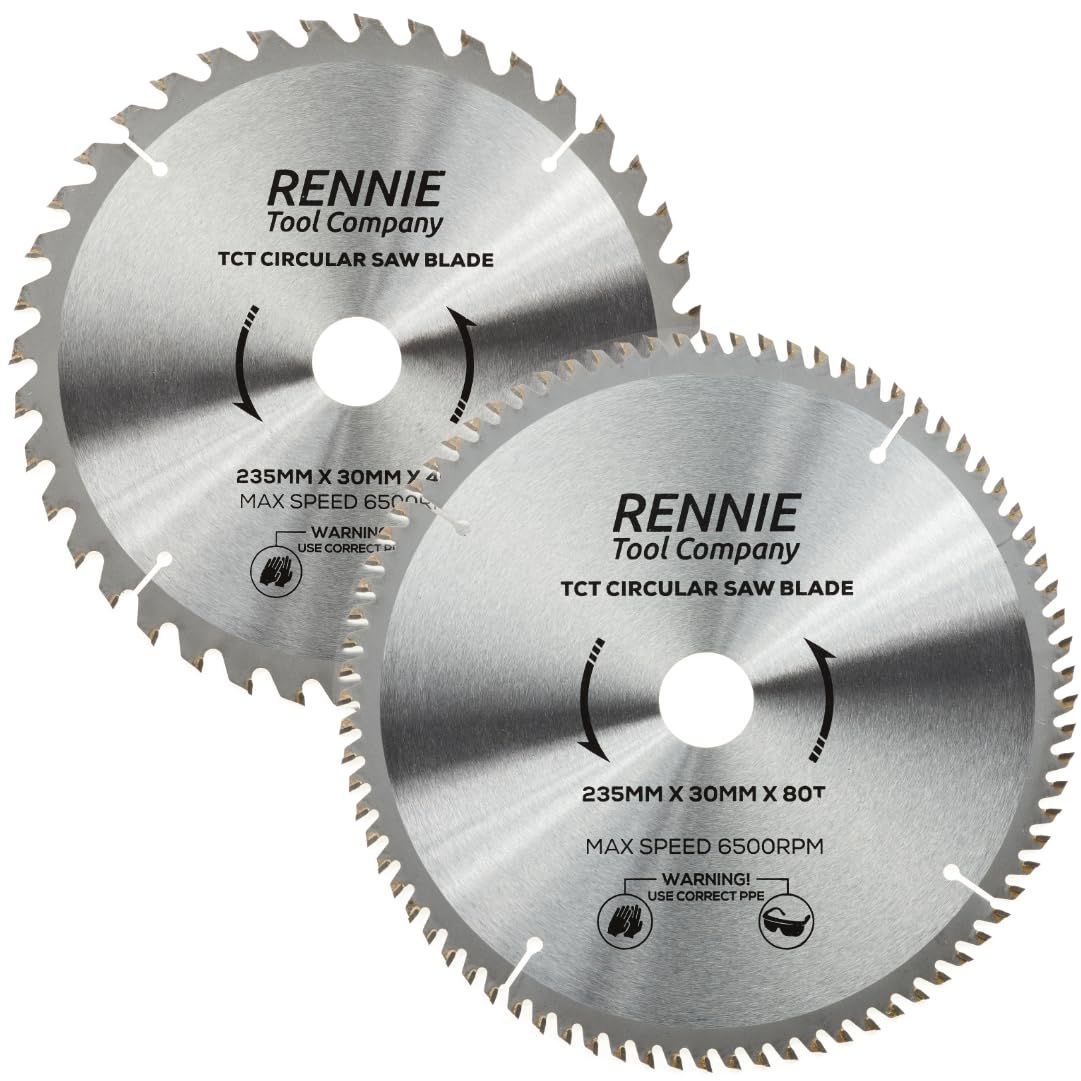 Rennie Tools - Lame circolari per legno da 235 mm x 30 mm x 40T e 80T TCT con anelli di riduzione del foro da 25 mm, 20 mm e 16 mm. Compatibile con sega circolare Bosch Makita Deewalt ecc. Lama per